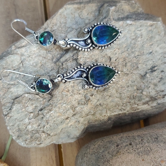 New Bi-Color Tourmaline & Blue Topaz 925 Silver Earrings. - Picture 10 of 15